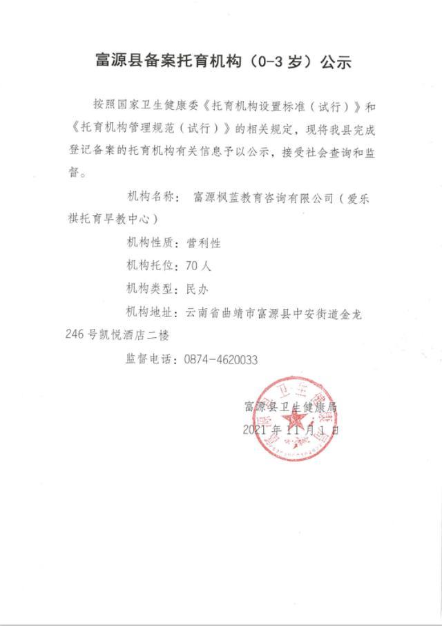 富源县卫生健康局关于富源枫蓝教育咨询备案信息的公示